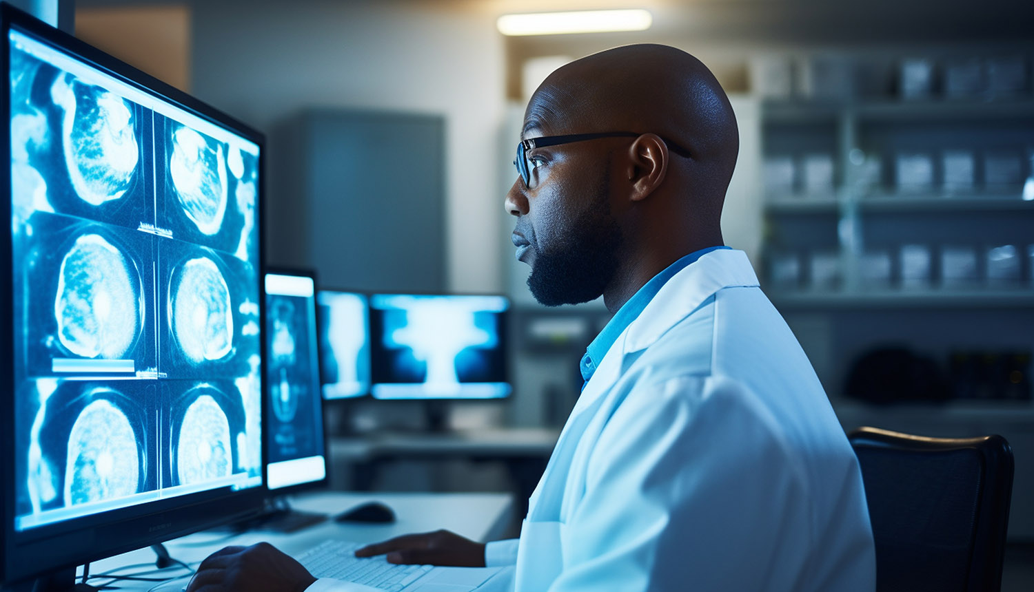 A radiologist examining a digital image of a patient’s body scan AdobeStock 618558987