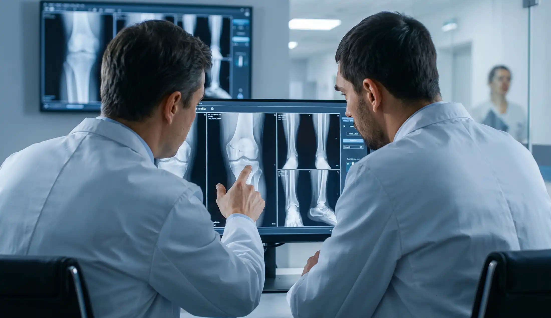 reviewing leg x-rays on medical monitors in hospital radiology room reviewing leg x-rays on medical monitors in hospital radiology room