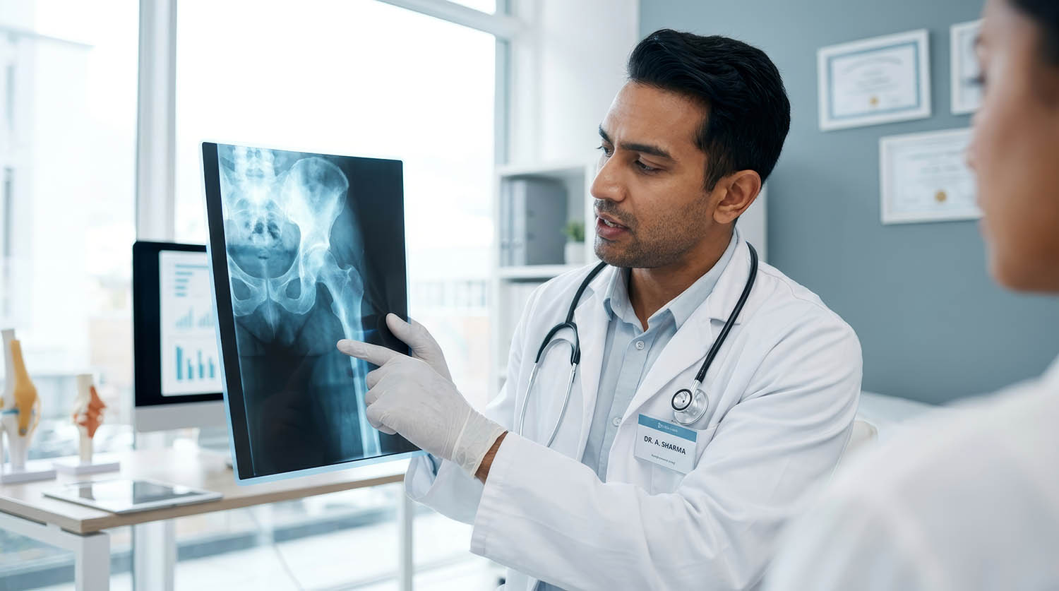 orthopedic doctor explaining hip and pelvis X-ray to a female pa