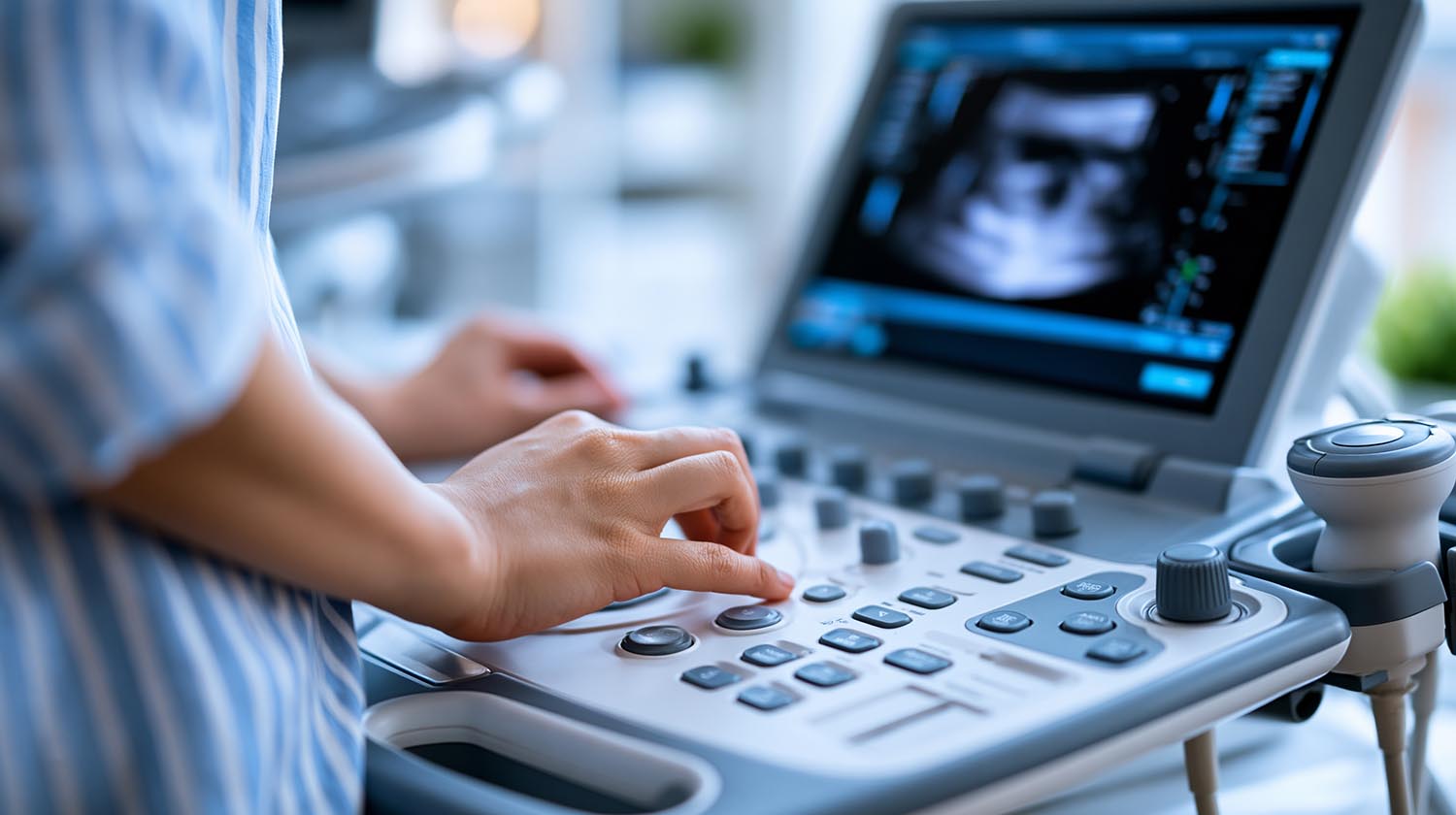 Close-up of an ultrasound machine displaying a fetal image with AdobeStock 2055309154